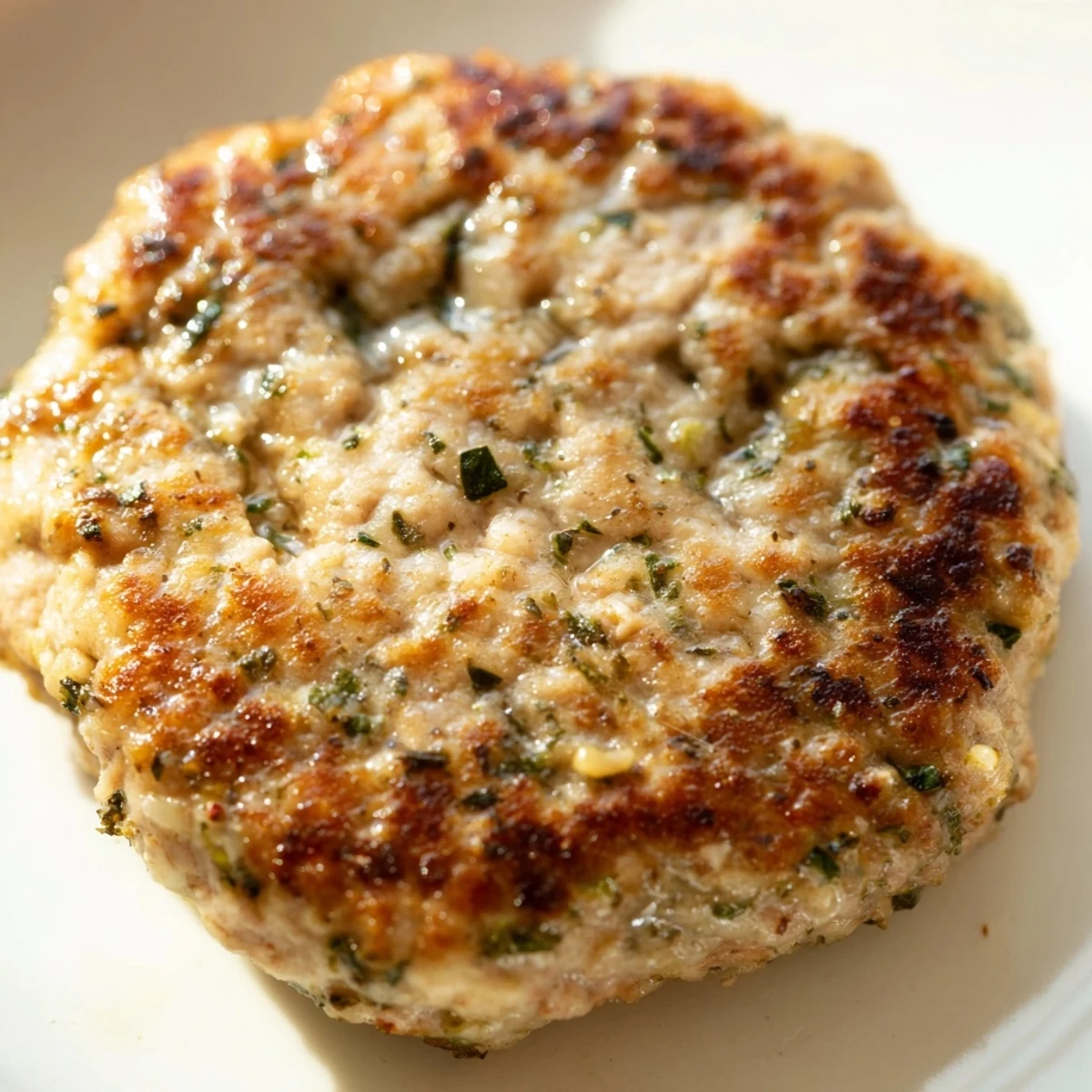 Freshly cooked Turkey Breakfast Sausage patties plated beside fluffy scrambled eggs and toasted gluten-free bread.