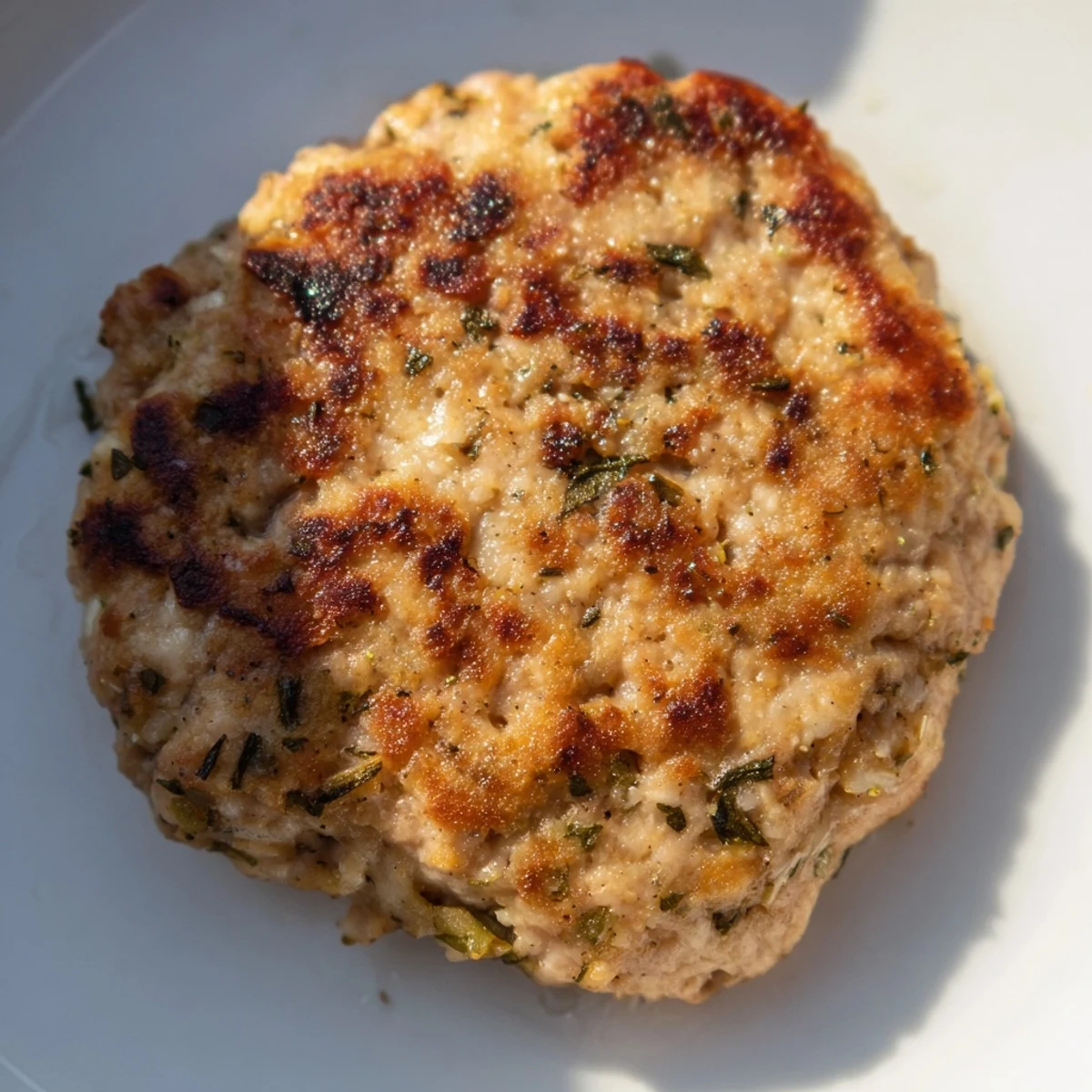 Golden-brown Turkey Breakfast Sausage patties sizzling in a skillet, releasing aromatic sage and smoked paprika steam.