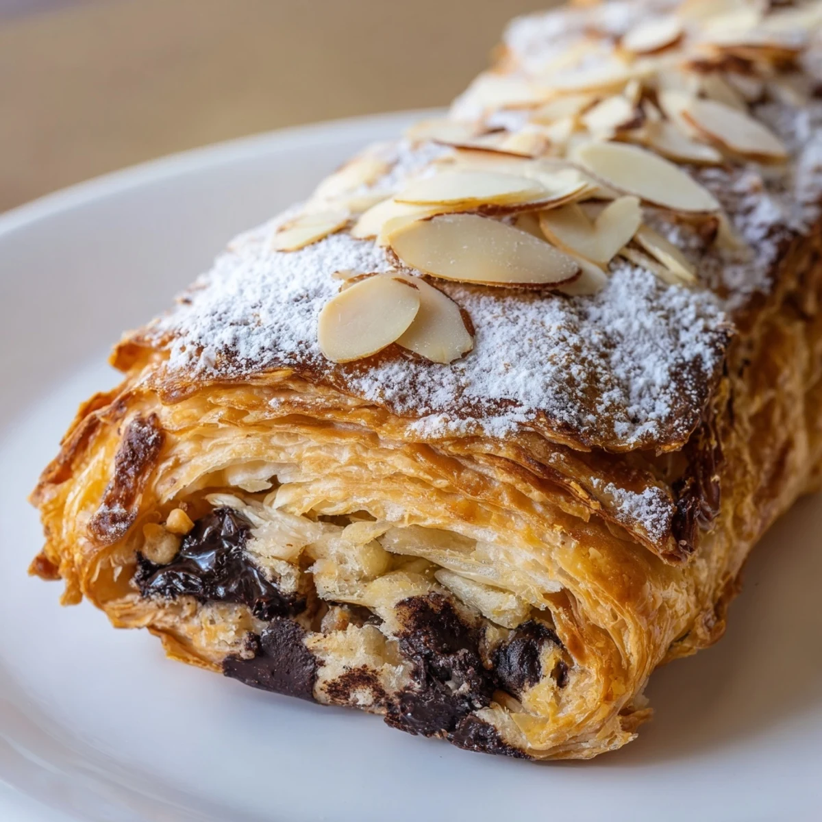 Golden-brown, flaky Chocolate Breakfast Pastry dusted with powdered sugar on a wire rack.