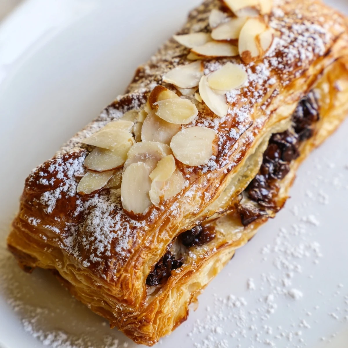 Flaky, golden-brown Chocolate Breakfast Pastry with melted dark chocolate oozing from the center.