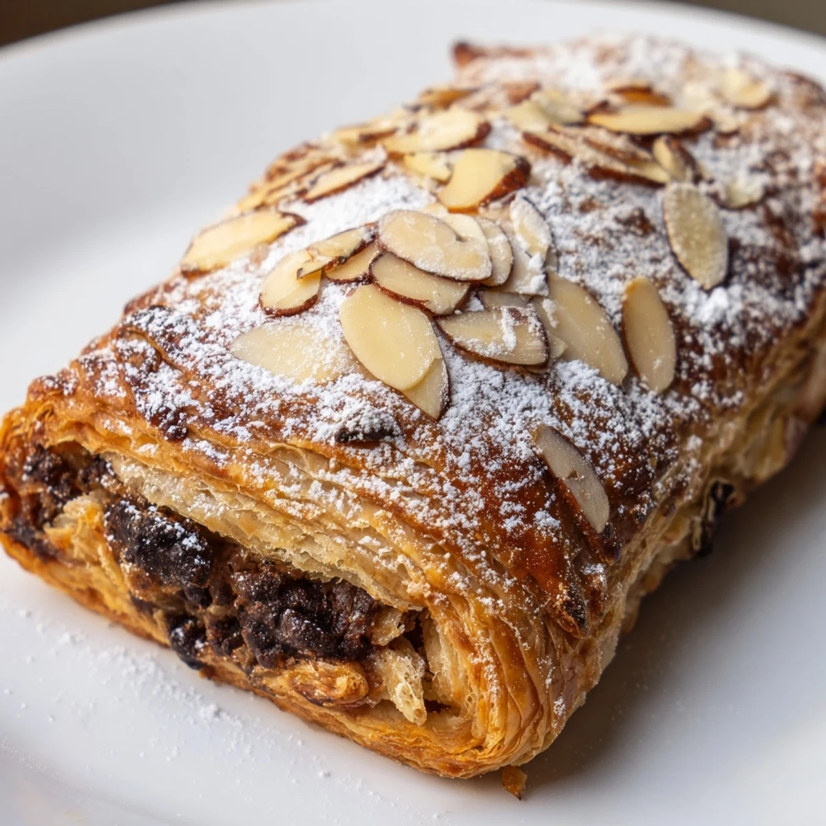Warm Chocolate Breakfast Pastry on a plate with sliced almonds, ready to serve for breakfast.