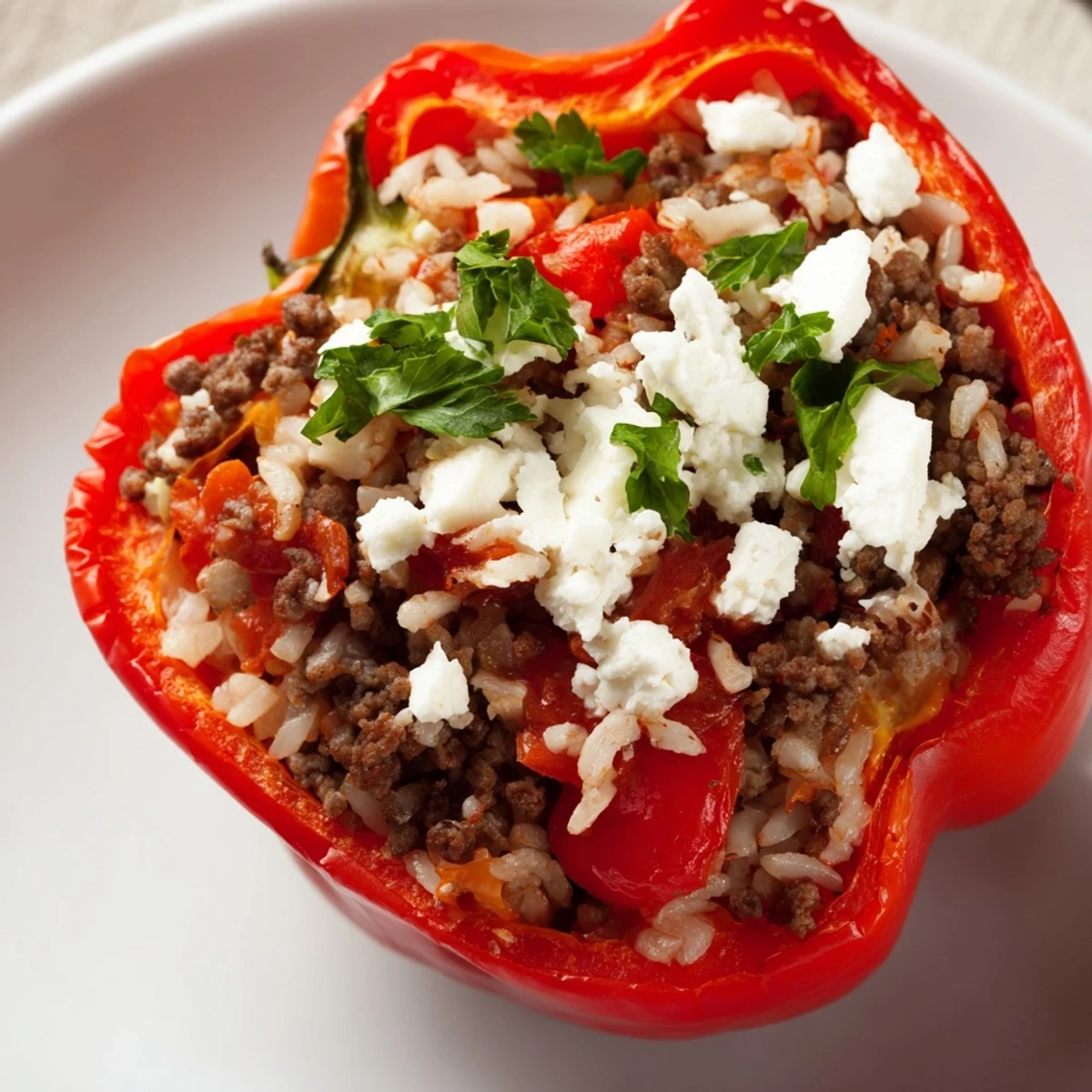 Roasted Mediterranean Stuffed Bell Peppers with Beef are filled with savory beef, rice, and herbs, ready for a hearty family dinner.