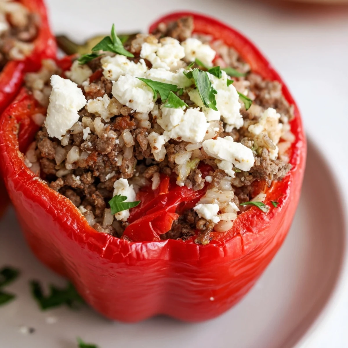 Golden-brown Mediterranean Stuffed Bell Peppers with Beef sit in a baking dish, topped with melted feta and fresh parsley.