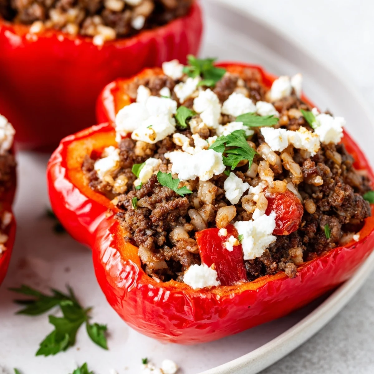 A serving of Mediterranean Stuffed Bell Peppers with Beef shows tender peppers and a rich beef, tomato, and feta filling.