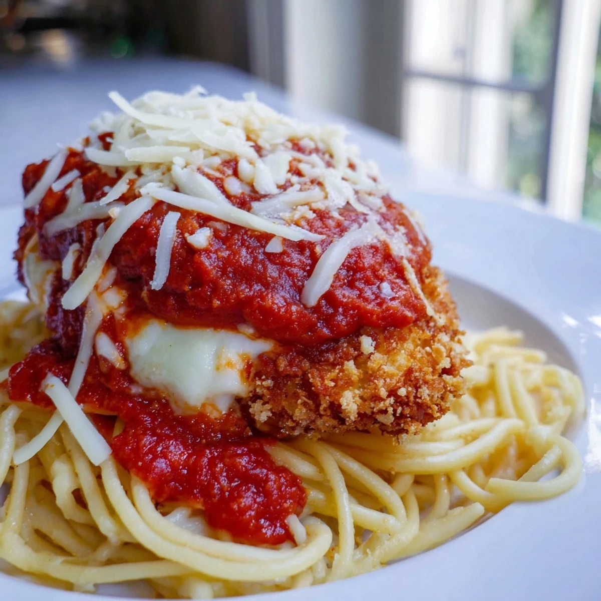 A close-up of golden, crispy Chicken Parmesan over spaghetti marinara, with melted mozzarella bubbling on top and fresh basil garnish.