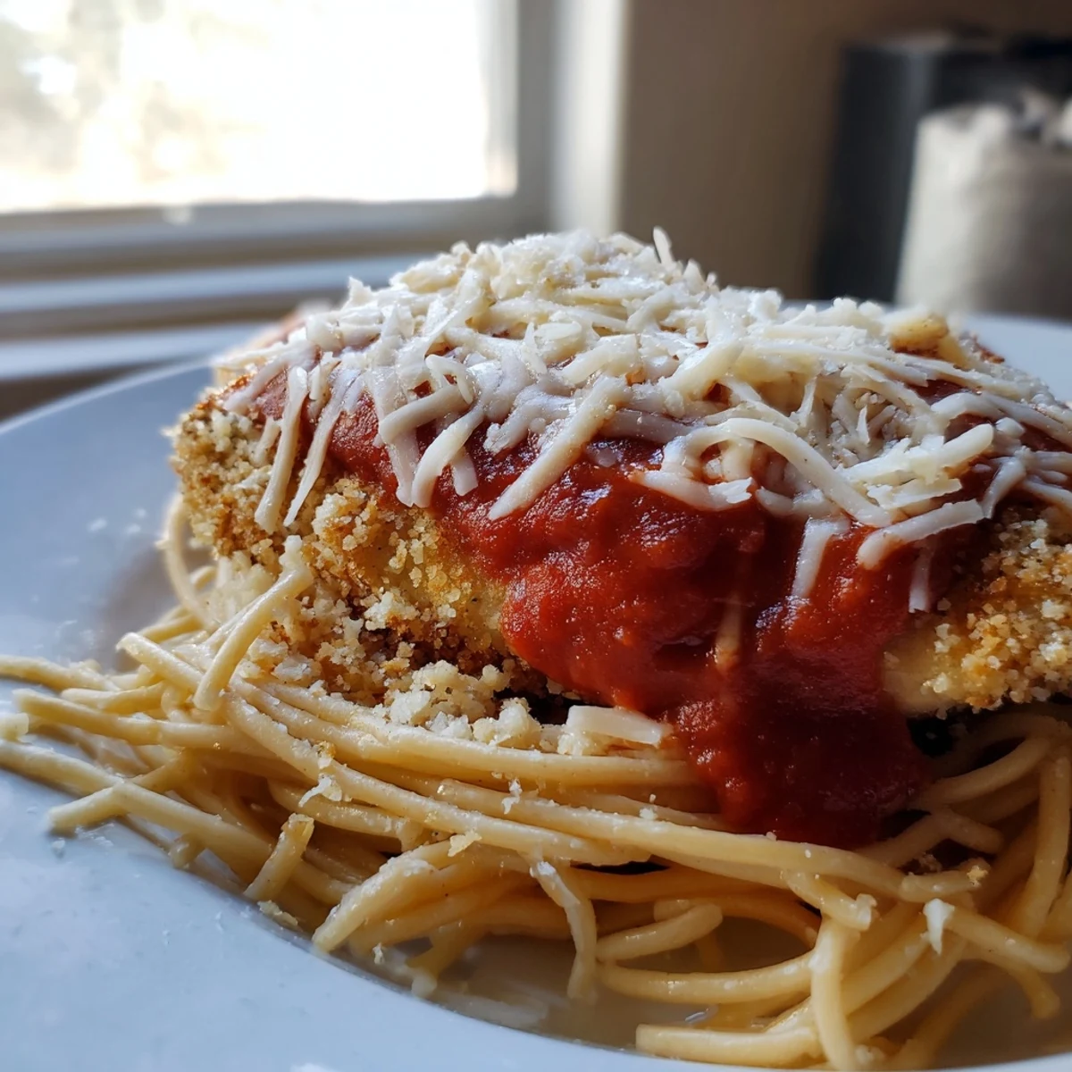 Hearty Chicken Parmesan plated with spaghetti marinara, fork-ready with vibrant red sauce and a side salad for a classic meal.