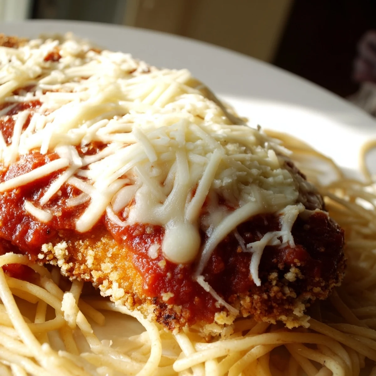 Family-style Chicken Parmesan served over spaghetti marinara, rich with melted mozzarella and freshly chopped parsley on a rustic table.
