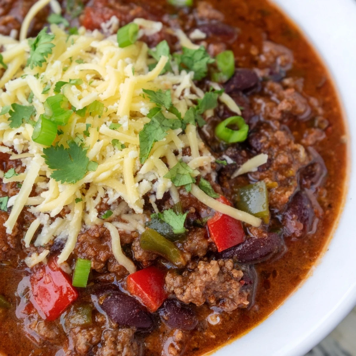 Steaming bowl of Beef and Bean Chili with Cheddar Cheese, garnished with fresh cilantro and green onions.