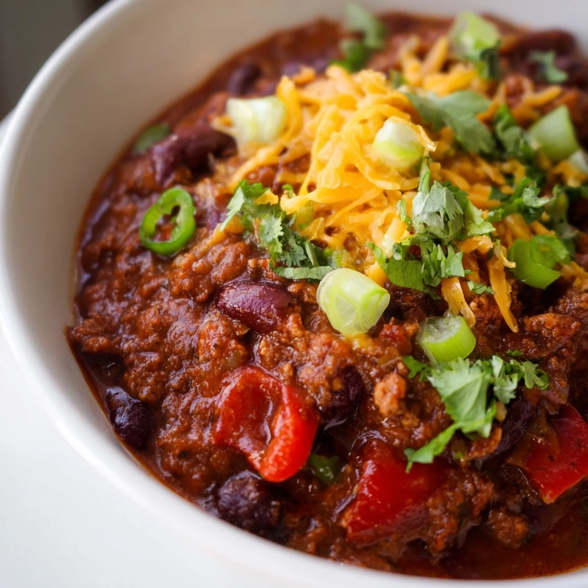A hearty ladle of Beef and Bean Chili with Cheddar Cheese reveals tender beef, beans, and spicy peppers.
