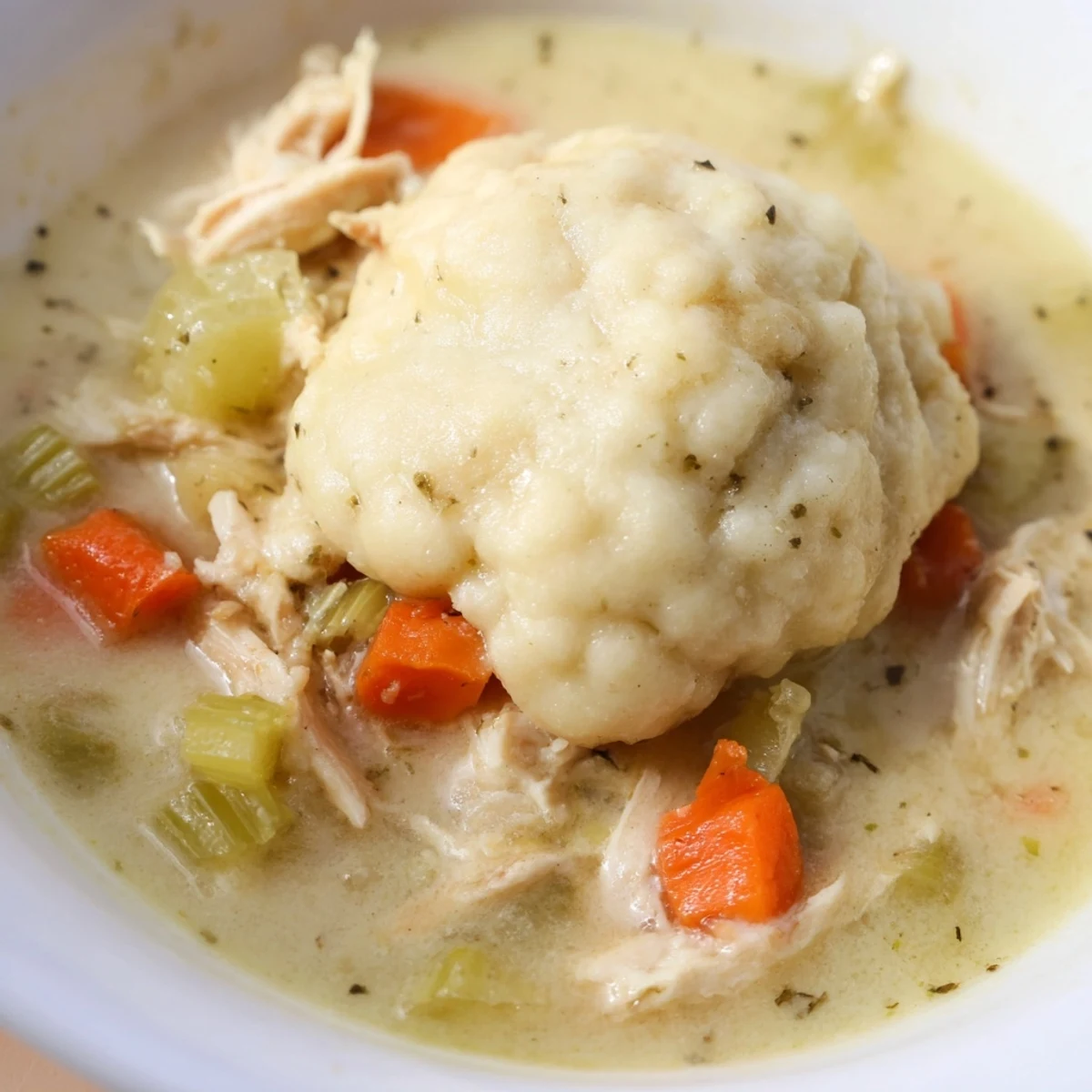 Homemade Slow Cooker Chicken and Dumplings in a rustic bowl, with fluffy dumplings peeking through a thick, creamy broth packed with carrots and tender chicken.