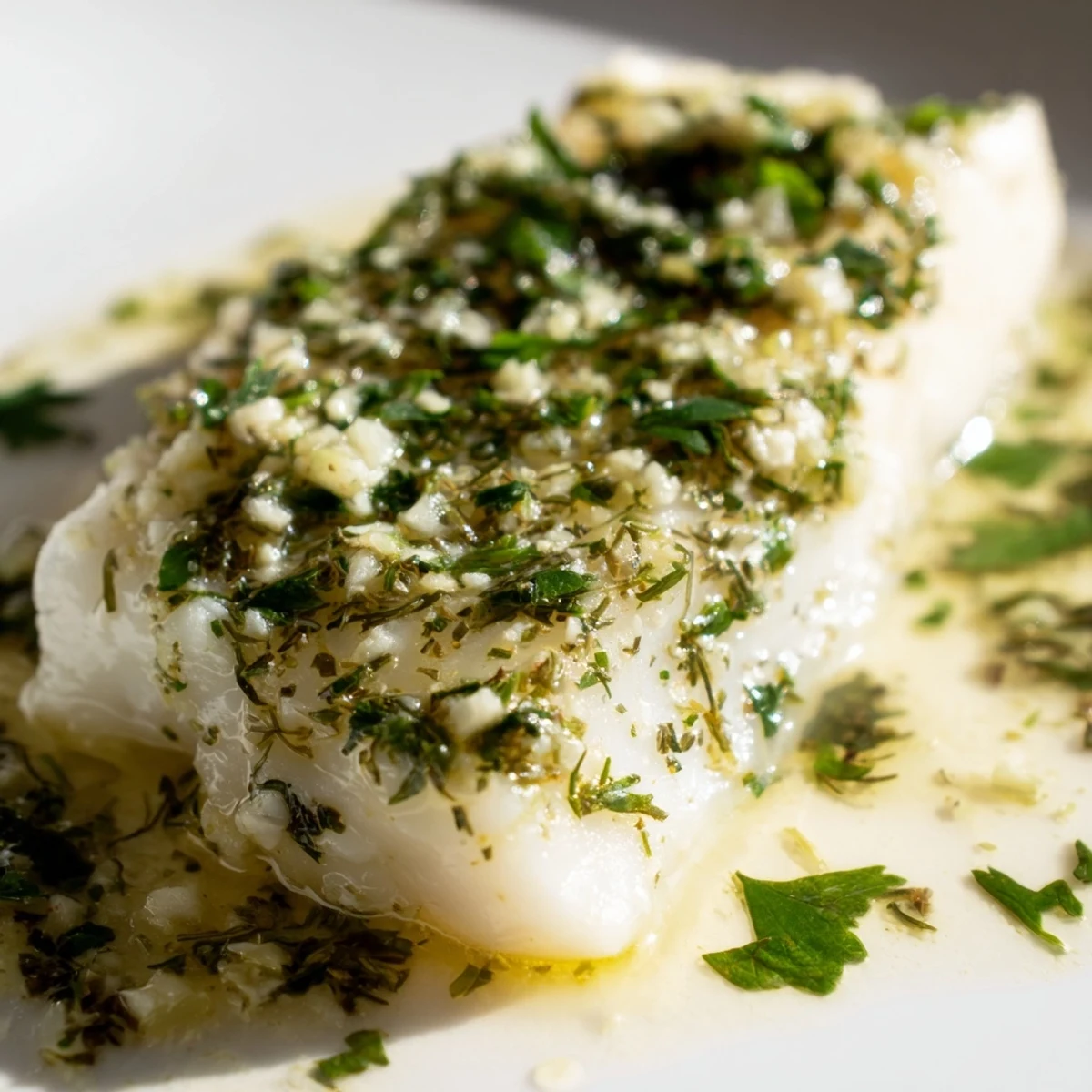 Moist fillets of Baked Cod with Garlic Butter and Herbs are drizzled with fragrant sauce, showcasing tender, opaque flakes.