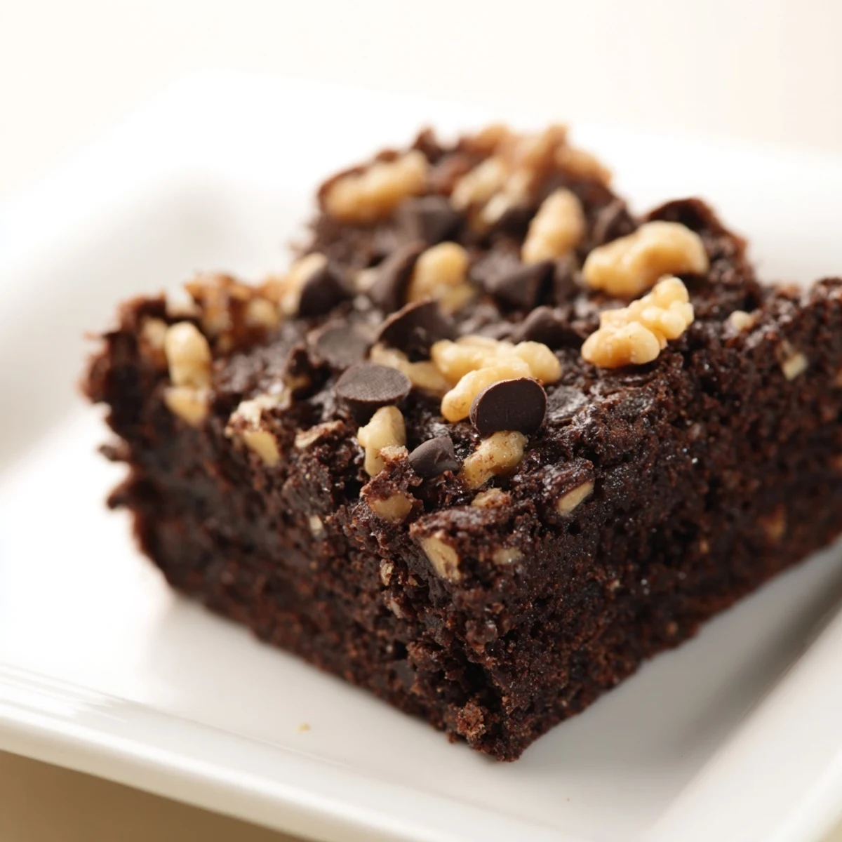 Stack of fudgy Chocolate Fudge Brownies with Walnuts topped with melting chocolate chips, ready to serve for dessert.