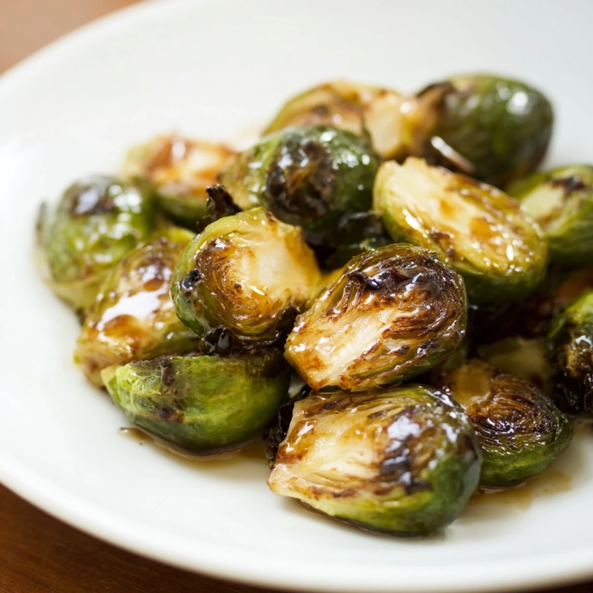 Golden-brown Roasted Brussels Sprouts with Balsamic Glaze are drizzled with the sweet and tangy sauce.