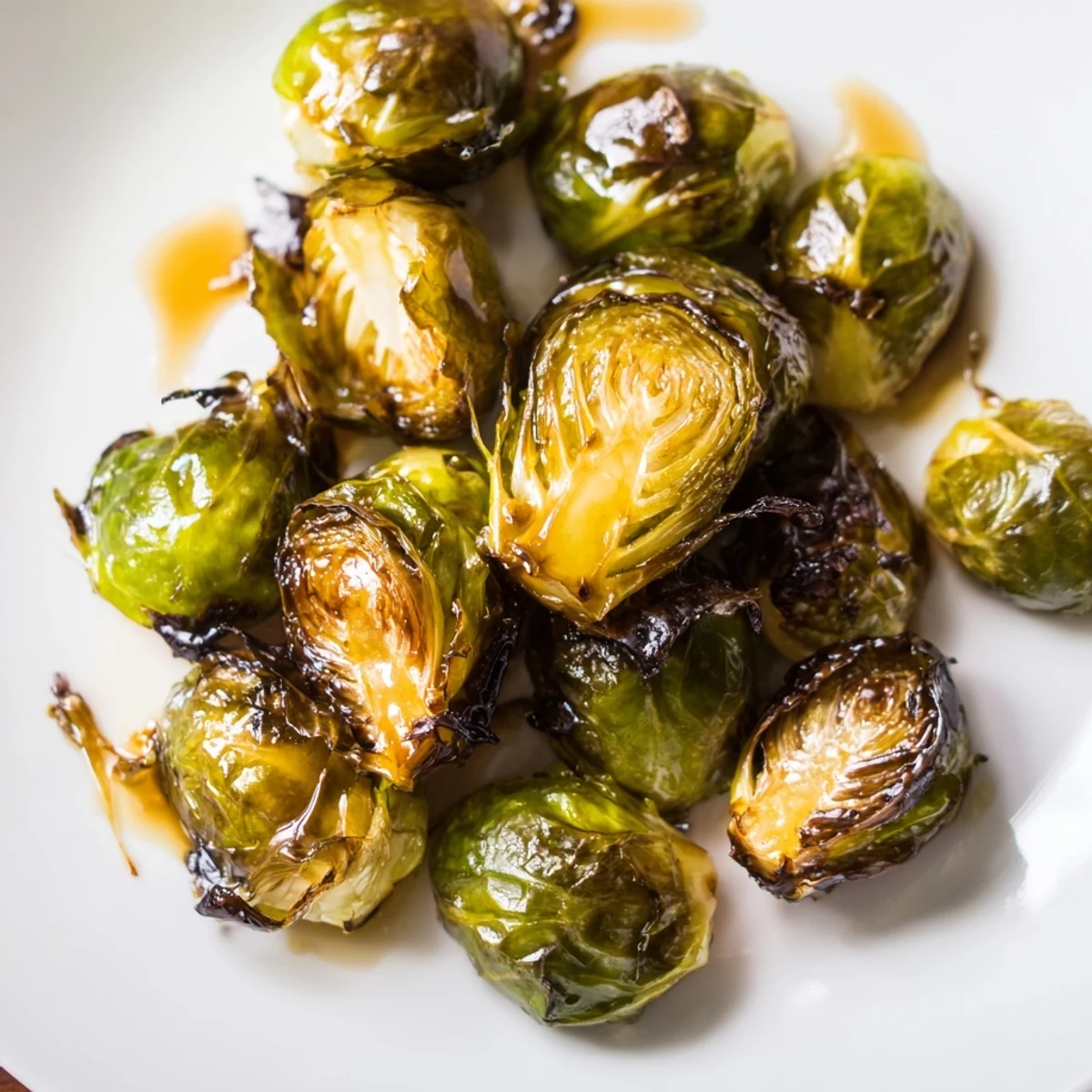 A close-up of crispy Roasted Brussels Sprouts with Balsamic Glaze served on a rustic platter.