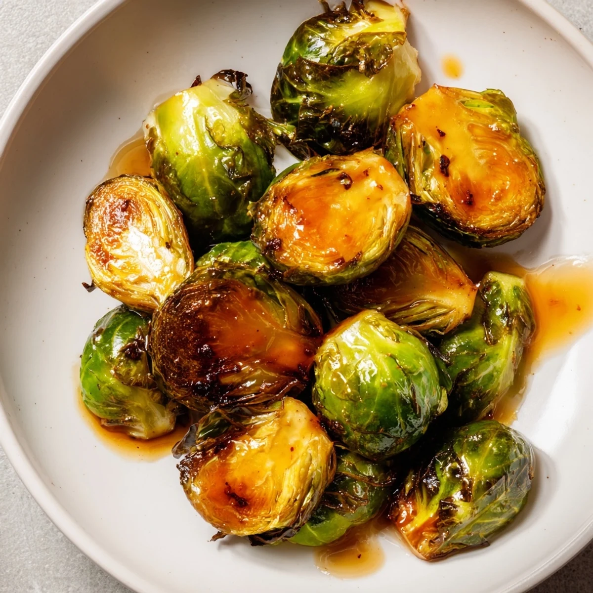 Freshly prepared Roasted Brussels Sprouts with Balsamic Glaze, garnished and ready to serve as a side.