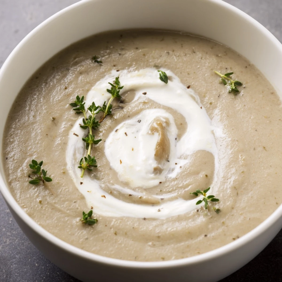 Creamy Mushroom Soup with Thyme served hot in a rustic white bowl, garnished with fresh thyme sprigs.