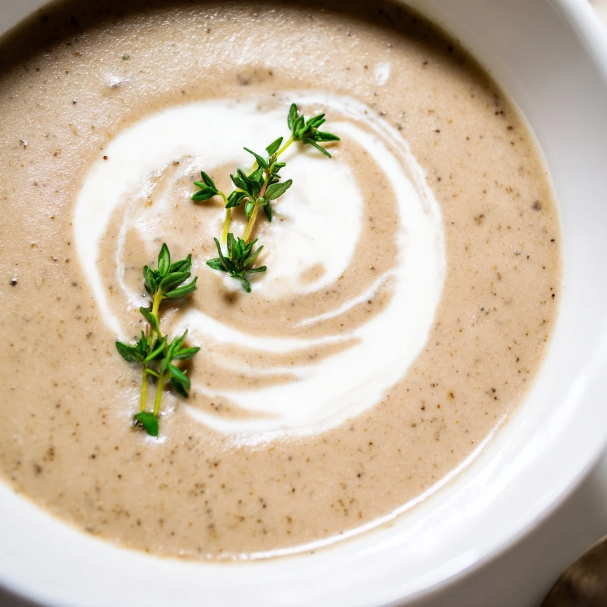 Close-up of velvety Creamy Mushroom Soup with Thyme in a ceramic mug, steam rising beside a slice of crusty bread.