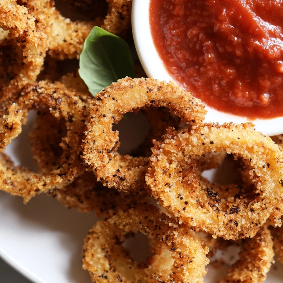 A close-up of crispy calamari with marinara sauce and lemon wedges, served as a delicious Mediterranean appetizer.