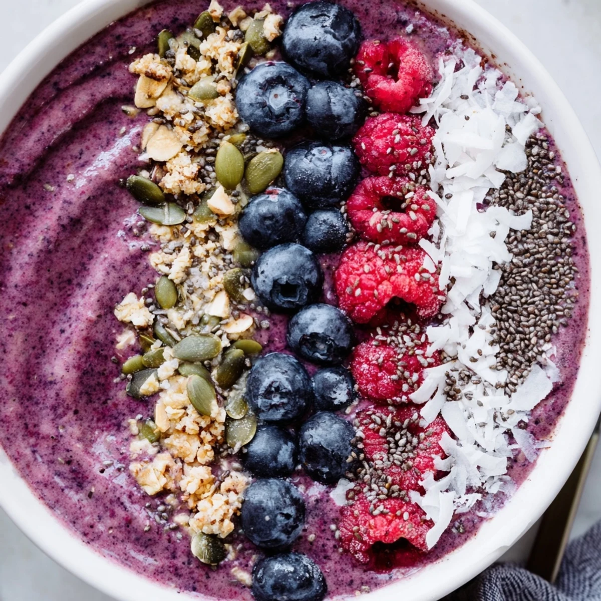 Vibrant Winter Berry Smoothie Bowl with Seeds topped with pumpkin, chia, and sunflower seeds, creamy yogurt, and fresh berries in a decorative pattern.