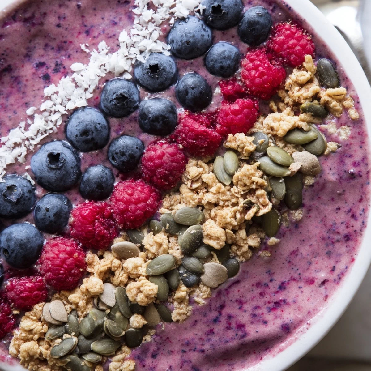 Two servings of Winter Berry Smoothie Bowl with Seeds, featuring a rich purple base and crunchy granola and coconut topping, ready to enjoy with a spoon.