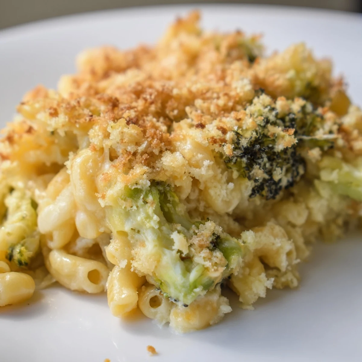 Golden, bubbling Baked Macaroni and Cheese with Roasted Broccoli in a casserole dish, ready to serve.