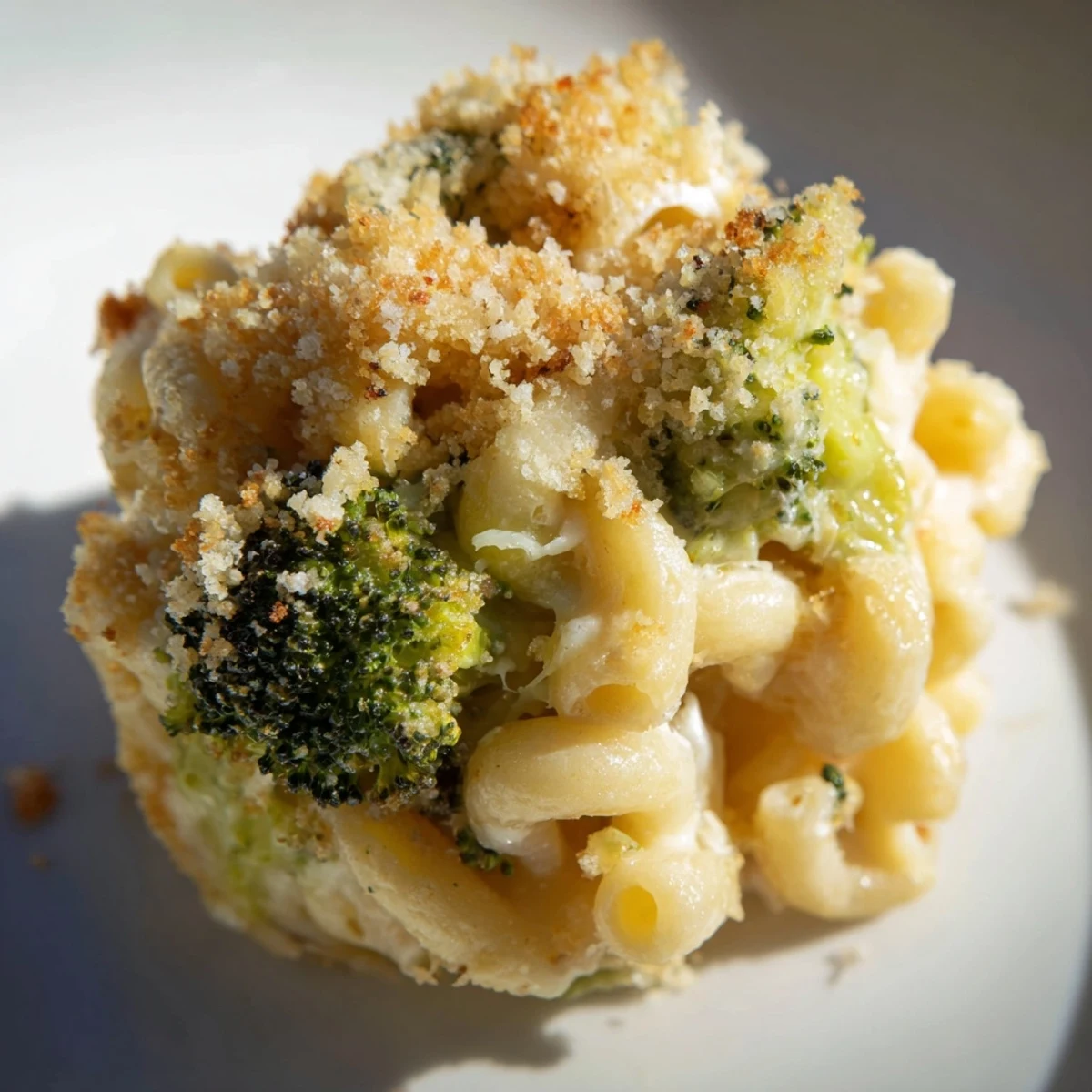 Panko-topped creamy macaroni and cheese mixed with crisp-tender roasted broccoli florets for a hearty meal.
