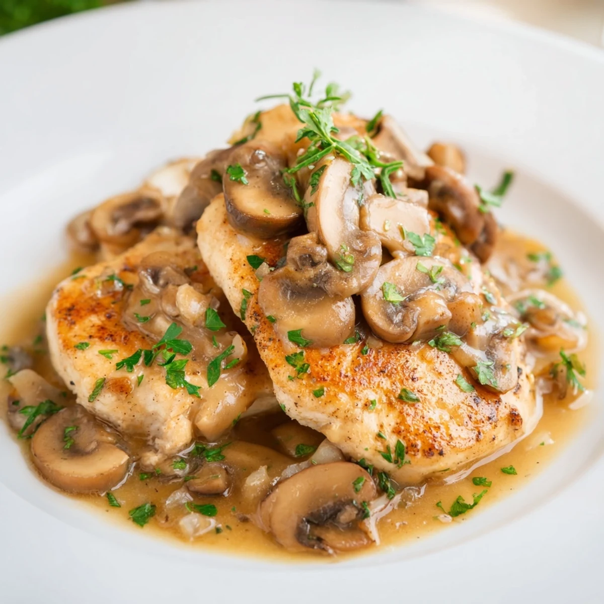 Golden-brown breaded chicken breasts simmering in a rich mushroom and white grape juice sauce, garnished with fresh parsley, in a rustic skillet.