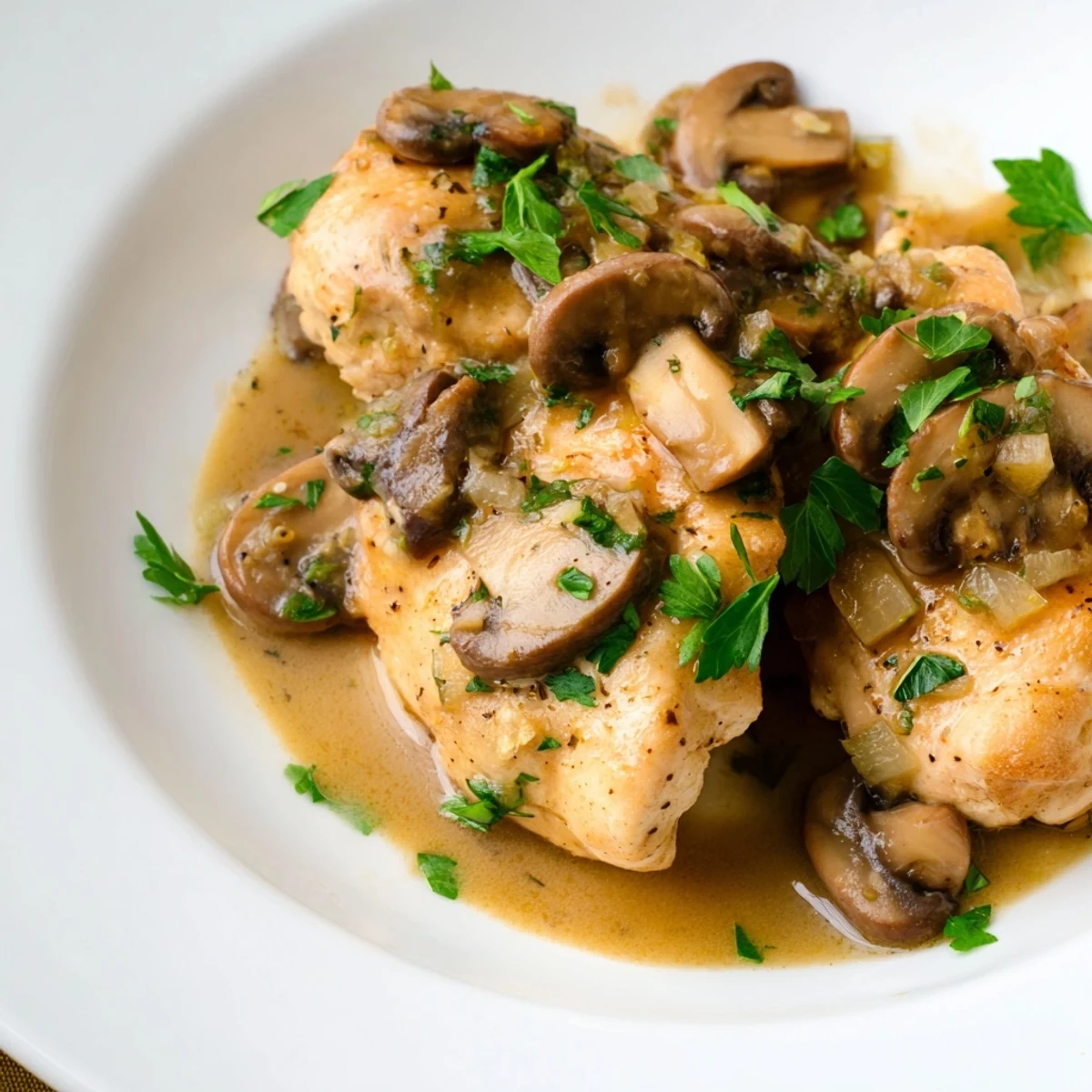 Freshly prepared Chicken Marsala featuring pan-seared chicken cutlets in a savory mushroom sauce, brightened with lemon wedges and chopped parsley garnish.