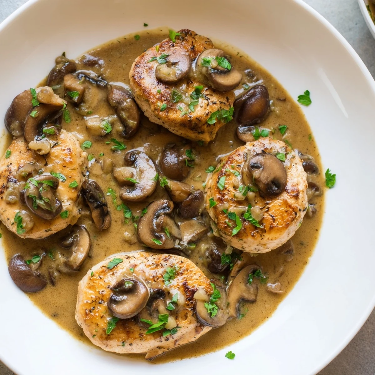 A close-up view of tender Chicken Marsala with sautéed mushrooms and parsley, served alongside creamy mashed potatoes for a delicious family dinner.