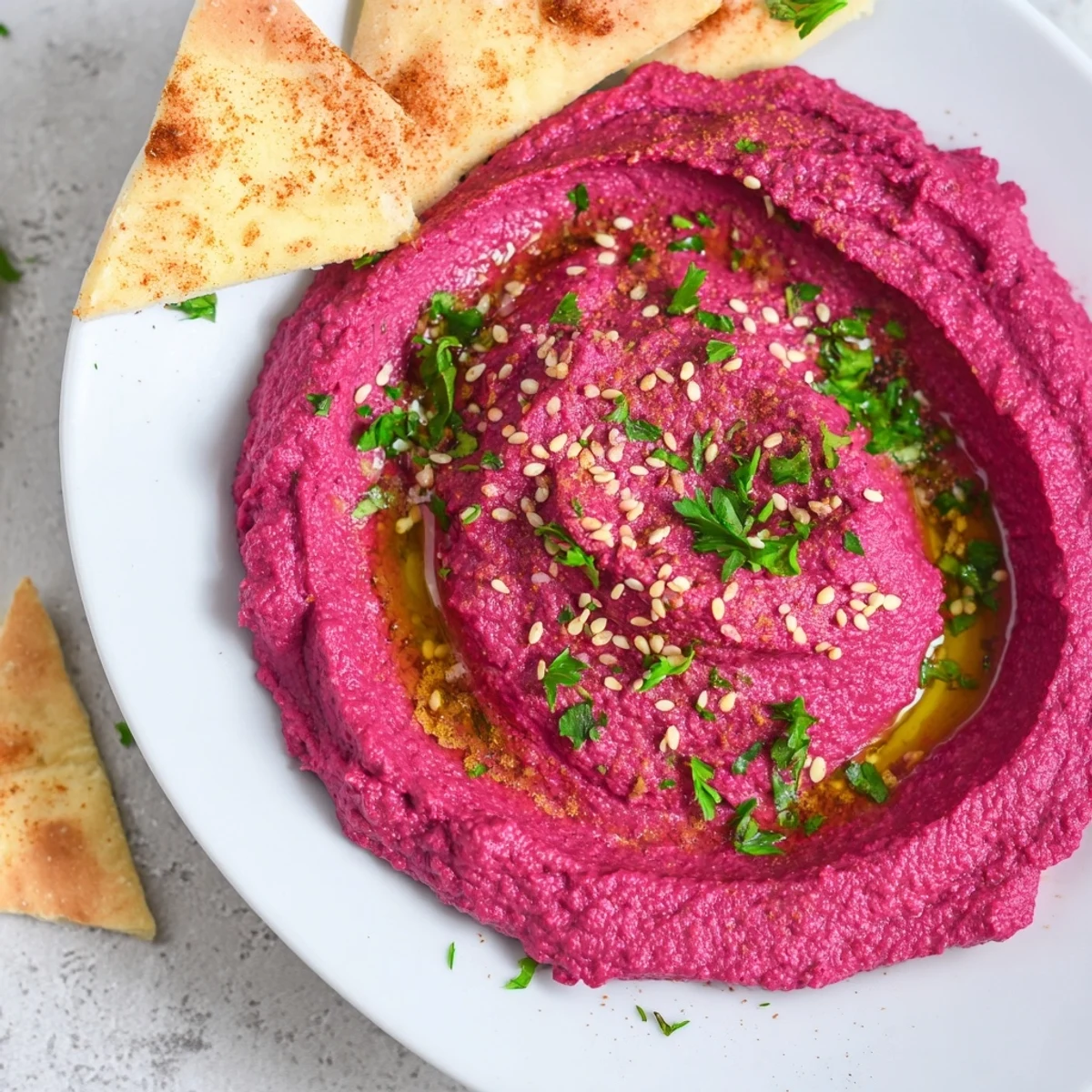 Creamy, magenta-toned Roasted Beet Hummus garnished with parsley and sesame seeds in a white bowl.