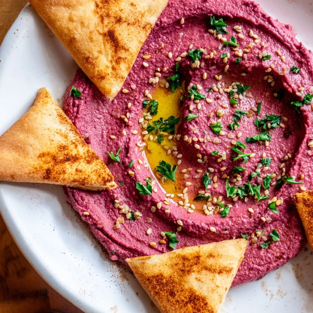 Deep pink Roasted Beet Hummus topped with olive oil and parsley next to crunchy, baked pita wedges.