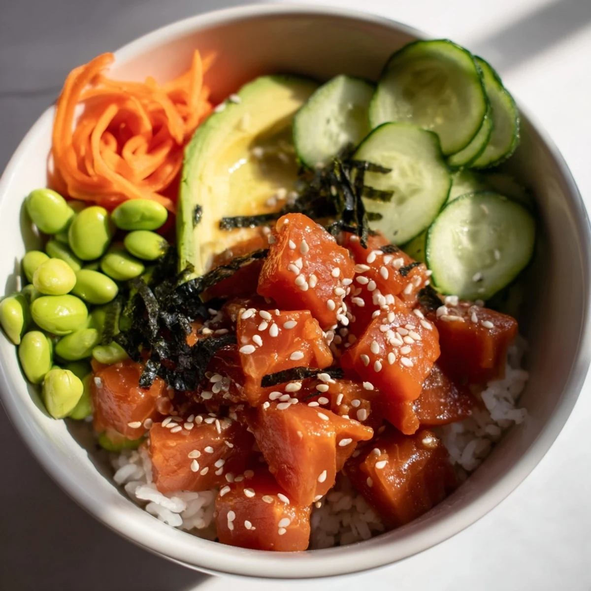 Freshly diced spicy tuna and creamy avocado slices rest on warm sushi rice with crisp cucumber pieces in a white bowl. 