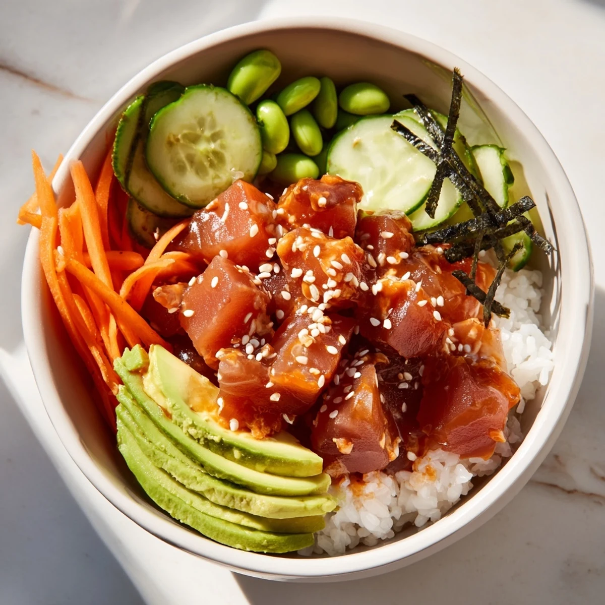Delicious homemade spicy tuna poke bowl featuring sushi rice, vibrant veggies, and a drizzle of Sriracha mayo.