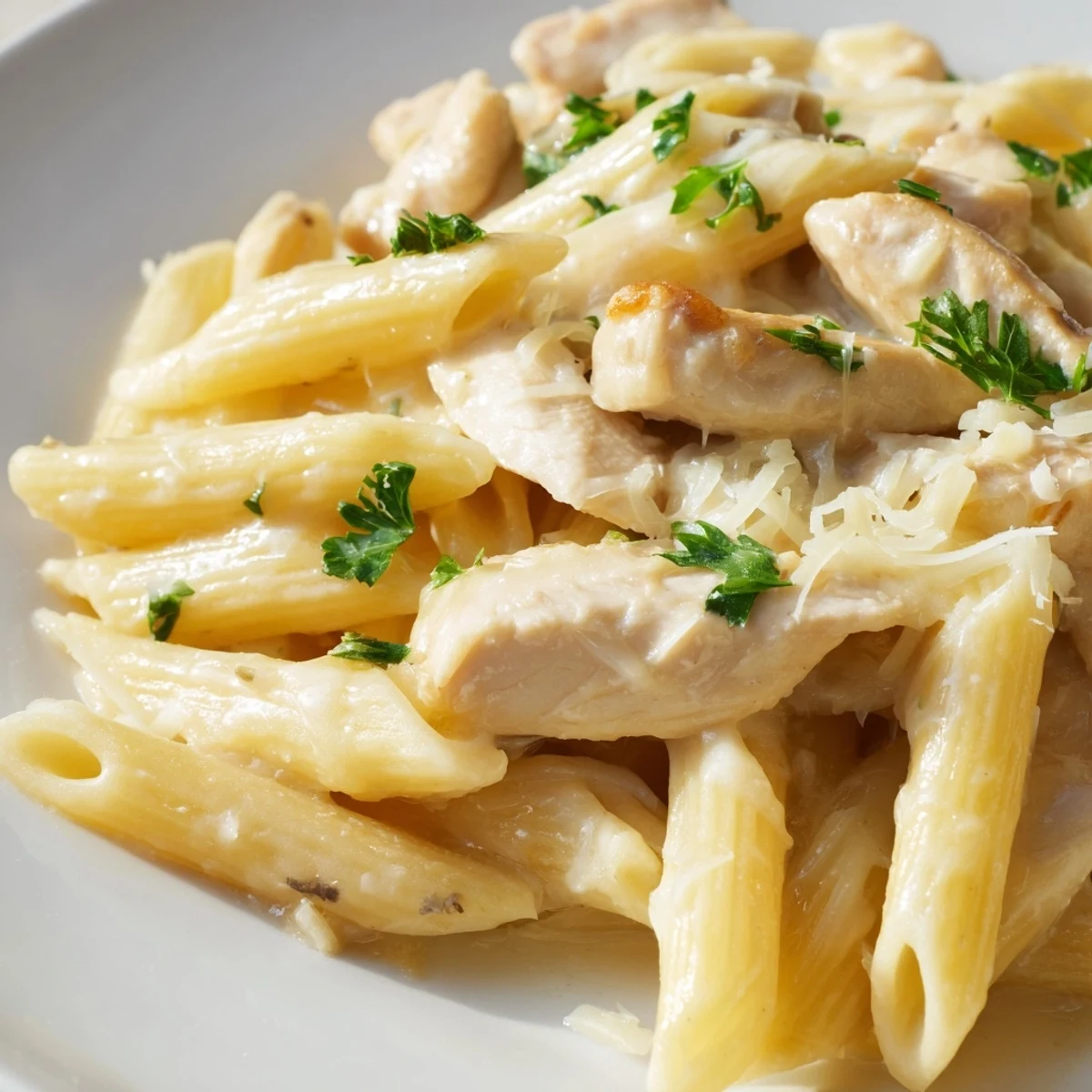 A skillet of Creamy Chicken Alfredo with Penne, featuring golden sliced chicken and a glossy, rich white sauce.