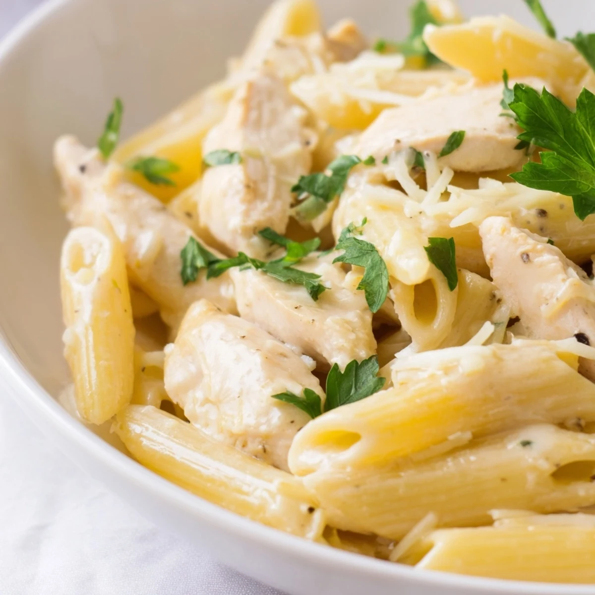 Close-up of Creamy Chicken Alfredo with Penne, showing tender chicken and al dente pasta coated in creamy sauce.