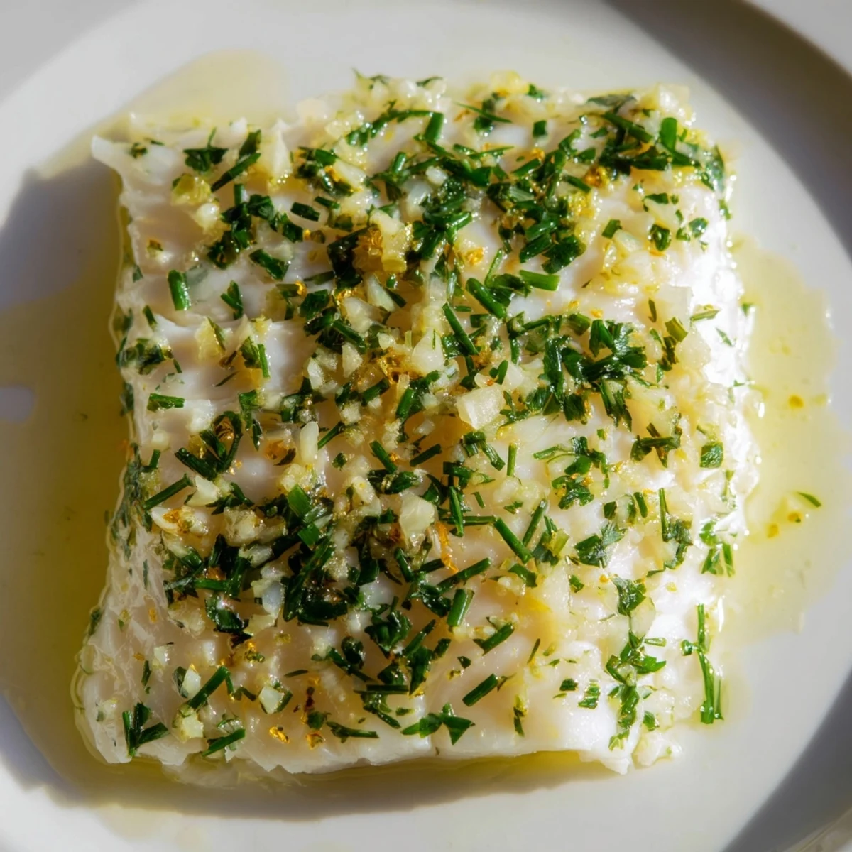 A flaky fillet of Baked Halibut with Herbs and Butter, drizzled with lemon and served alongside roasted asparagus.