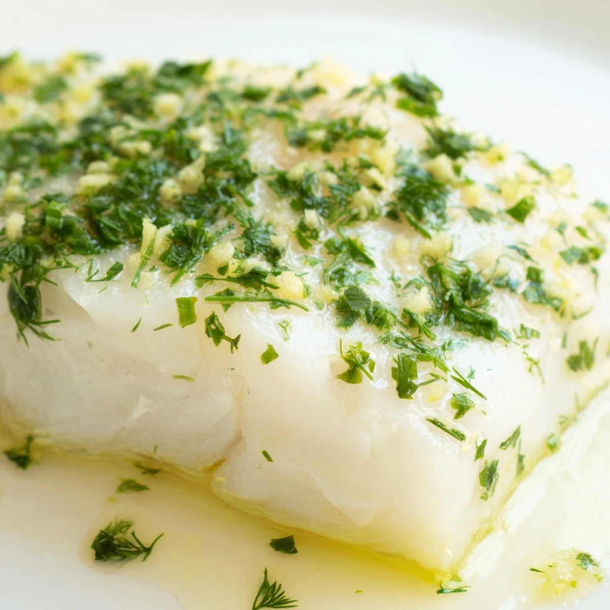 Close-up of golden Baked Halibut with Herbs and Butter, highlighting melted butter and fresh parsley over the fish.