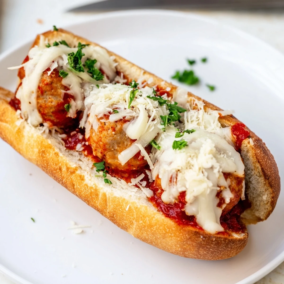 Up-close view of Turkey Meatball Subs with Cheese, showcasing juicy meatballs and gooey mozzarella stretches inside a lightly toasted Italian roll.