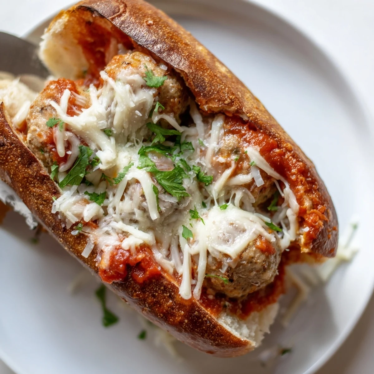 Freshly baked Turkey Meatball Subs with Cheese on a plate, garnished with chopped parsley and ready to serve alongside a simple green salad.