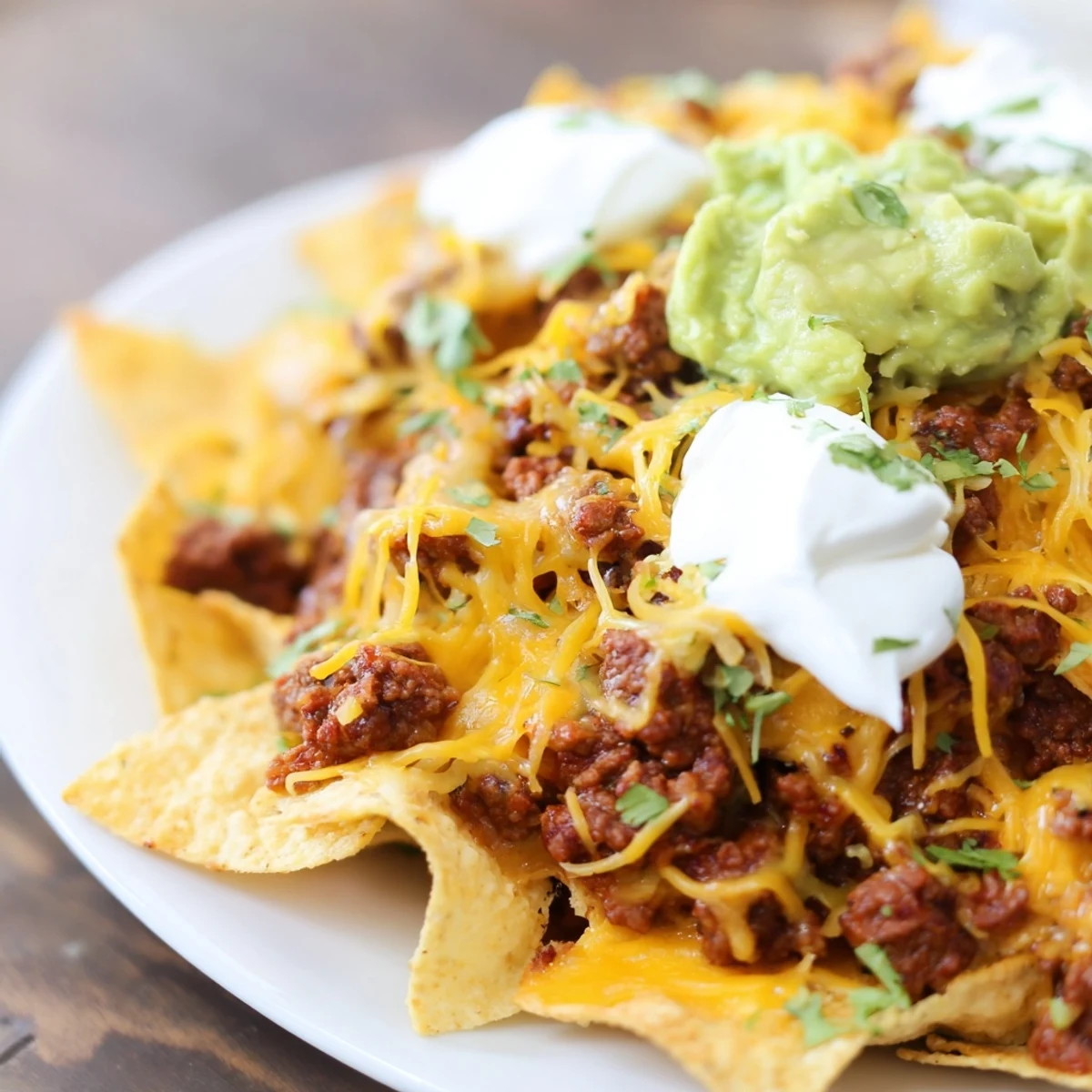 Freshly baked Beef Nacho Platter with All Toppings features melted cheddar, seasoned ground beef, and vibrant pico de gallo.