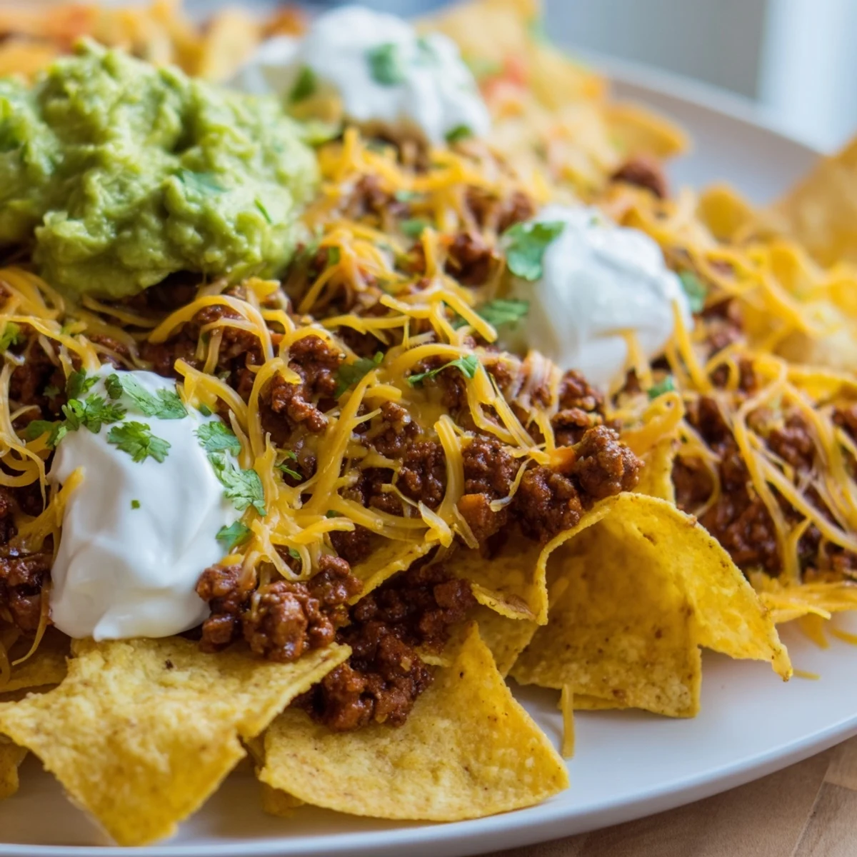 Family-style Beef Nacho Platter with All Toppings topped with guacamole, salsa, jalapeños, and cilantro for a festive gathering.
