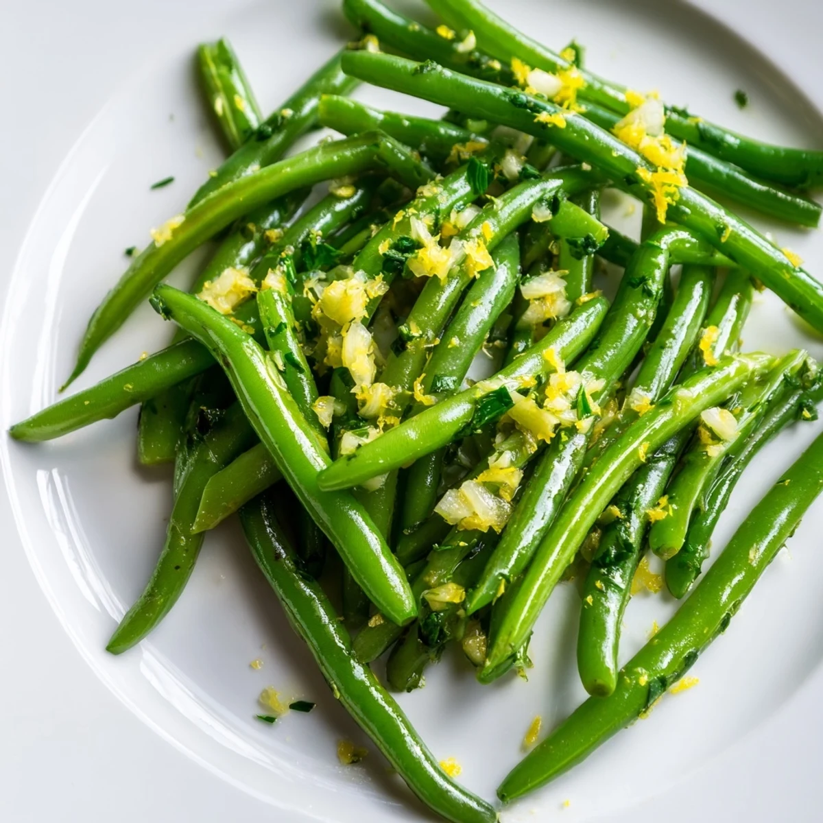 Vibrant bright green beans are tossed with minced garlic and fresh lemon zest, served warm on a white platter.