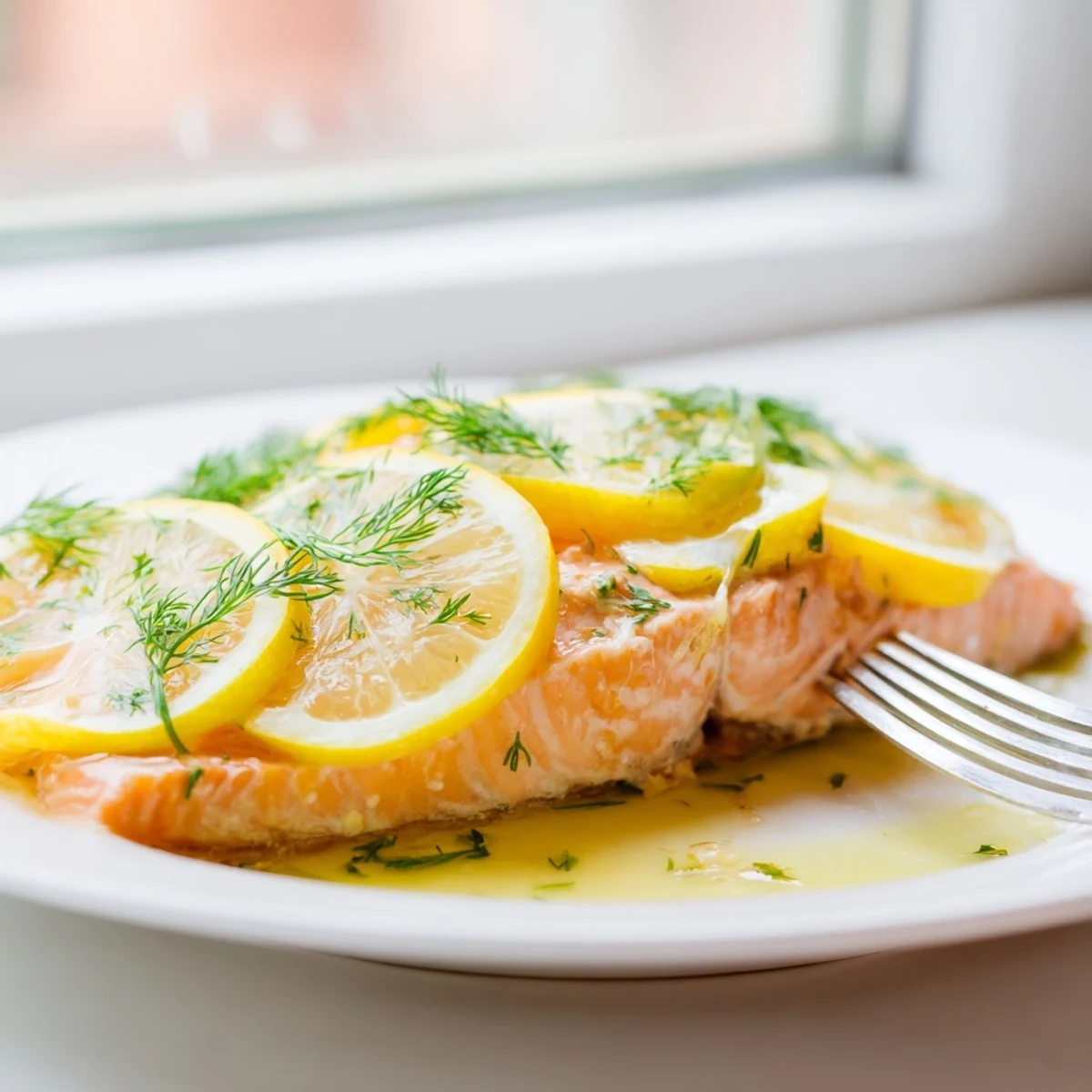 Golden-brown baked salmon fillets with lemon slices and fresh dill, a light and healthy dinner recipe.