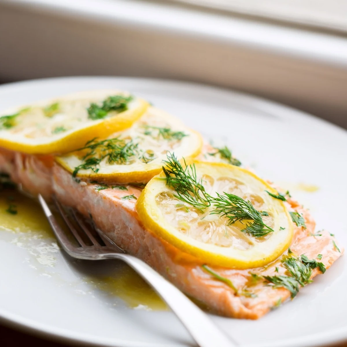 Close-up of a tender baked salmon with lemon, showing juicy texture perfect for a weeknight meal.