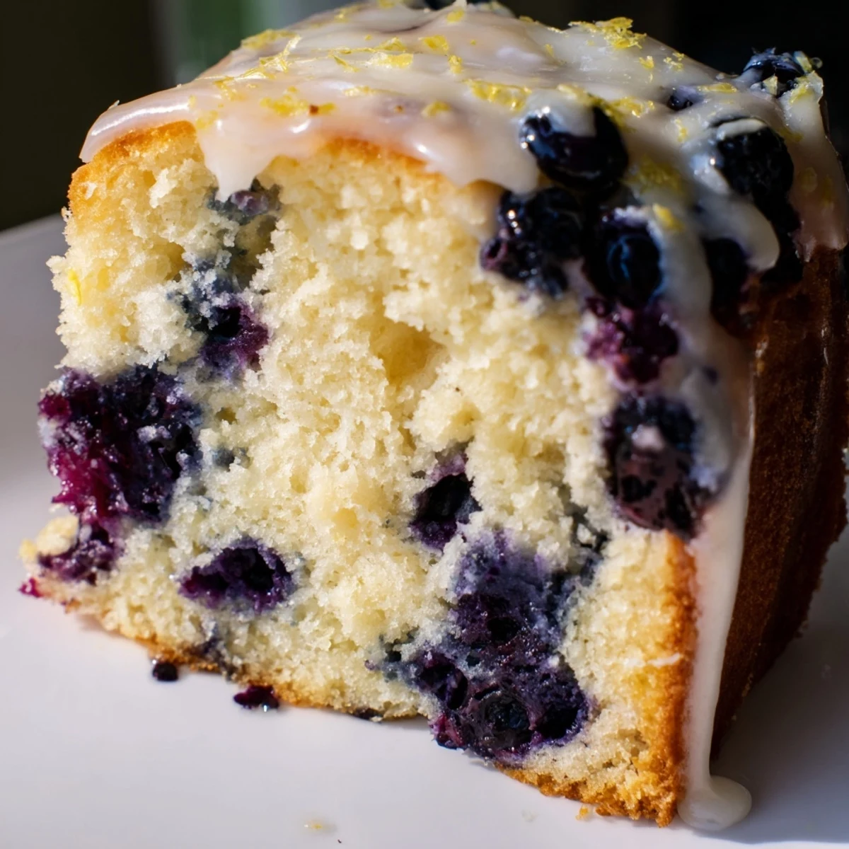 Moist and zesty Lemon Blueberry Cake with fresh berries and a bright lemon glaze on a white plate.  