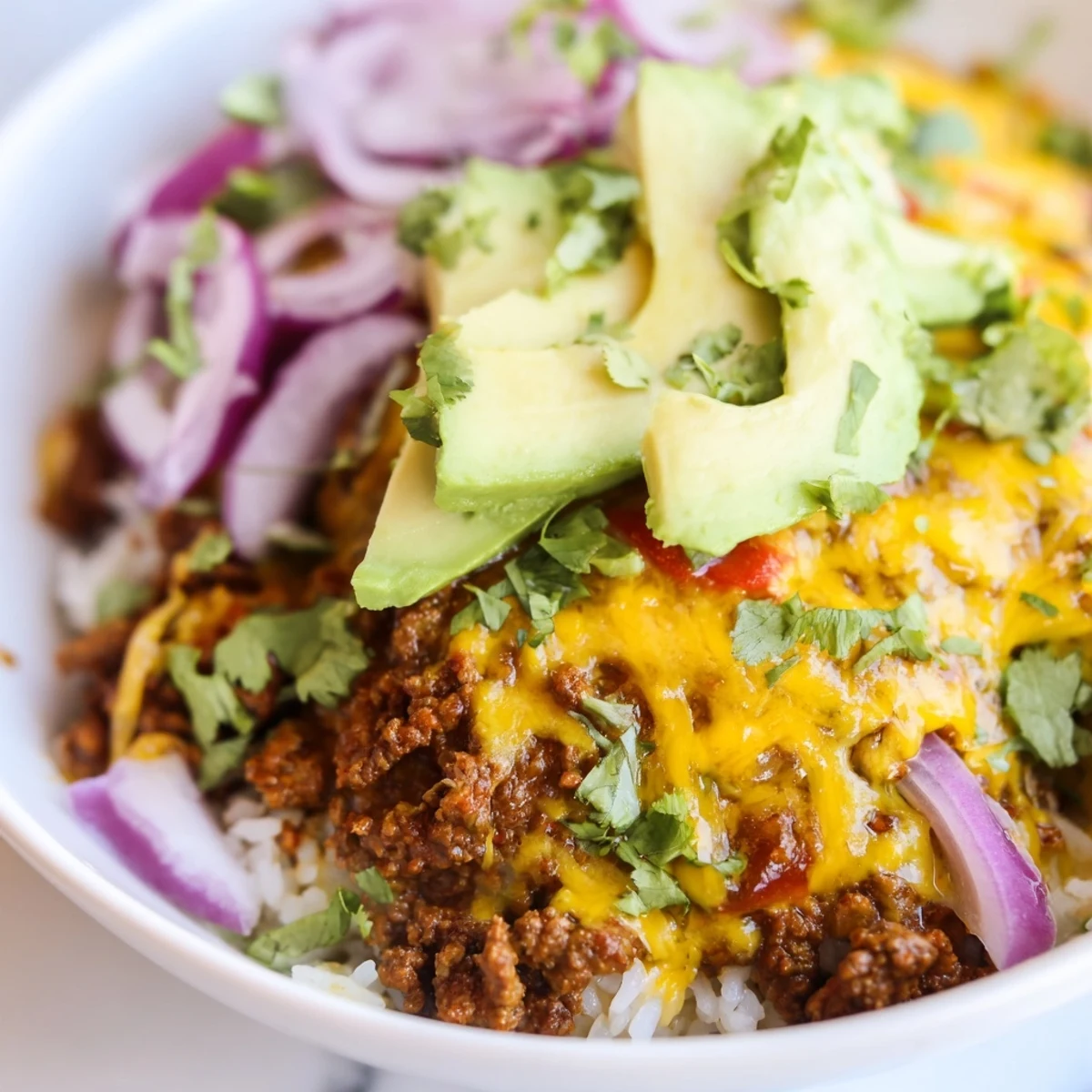 A close-up of a delicious Beef Burrito Bowl, loaded with seasoned ground beef, rice, beans, corn, tomatoes, and creamy avocado slices.