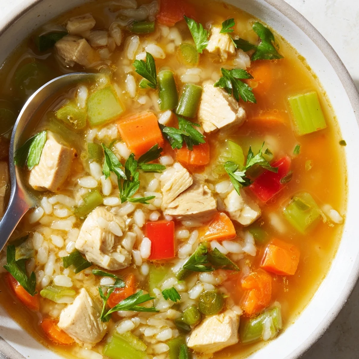 Steaming bowl of Chicken Vegetable Soup with Rice, filled with tender chicken, carrots, and fluffy rice, garnished with parsley.  