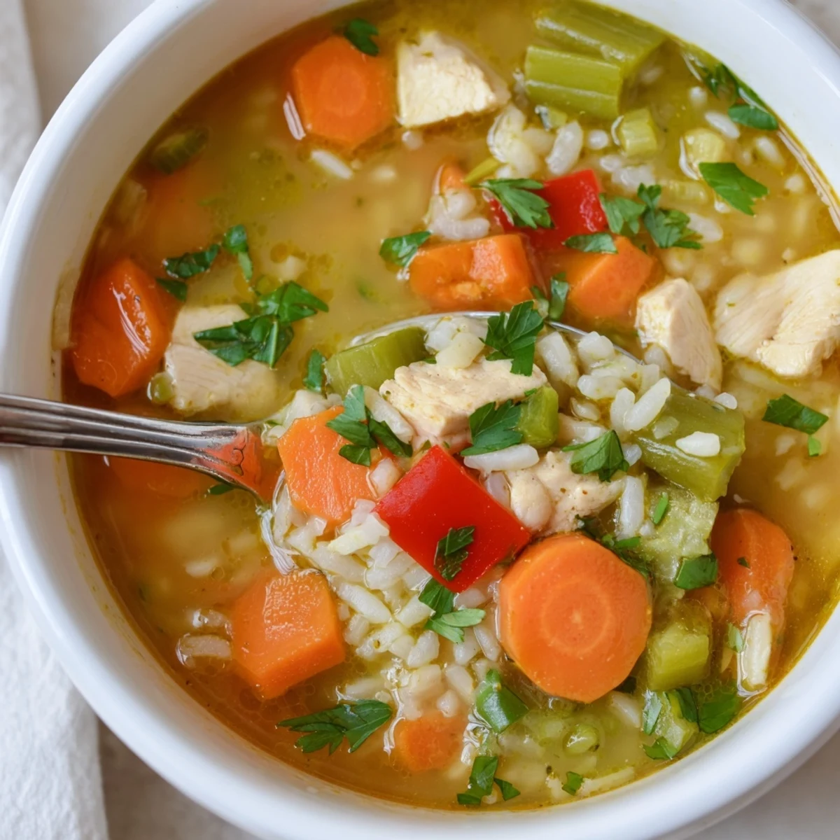 Hearty Chicken Vegetable Soup with Rice, simmering in a pot with vibrant vegetables and savory broth.  