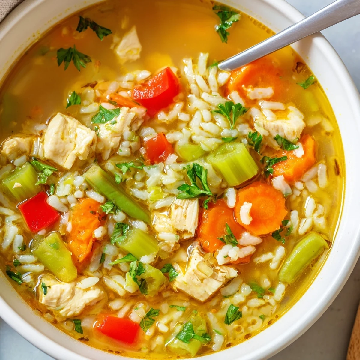 Family-style Chicken Vegetable Soup with Rice served in a rustic bowl, perfect for cozy weeknights.