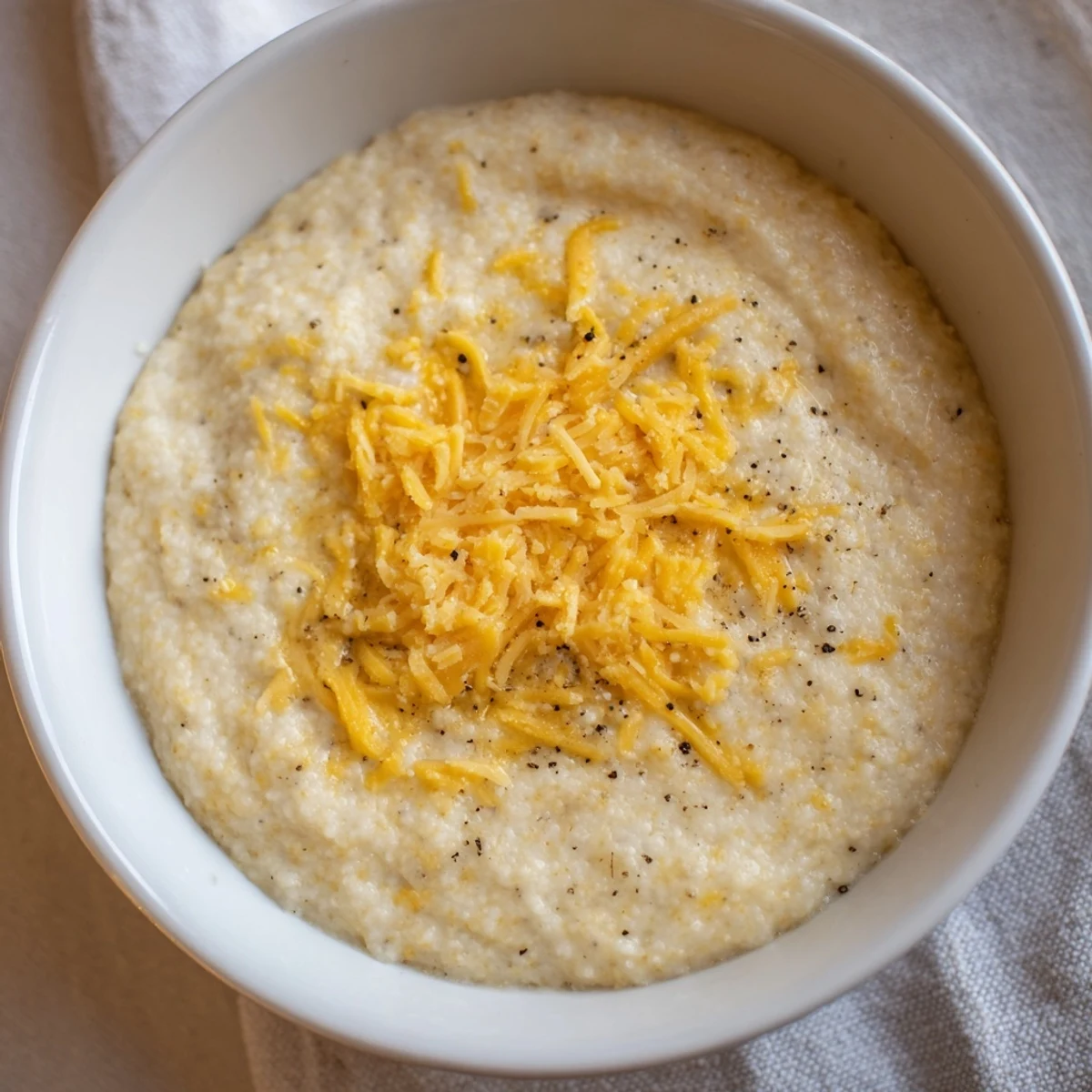 A spoonful of warm Southern Cheesy Grits lifted from the pot, showcasing the smooth, cheesy texture.